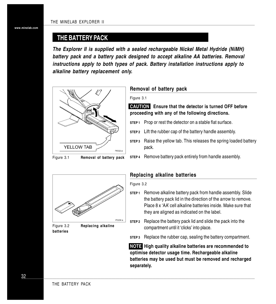 Minelab P0591-A, Mine lab Explorer IITM manual Battery Pack, Removal of battery pack, Replacing alkaline batteries 