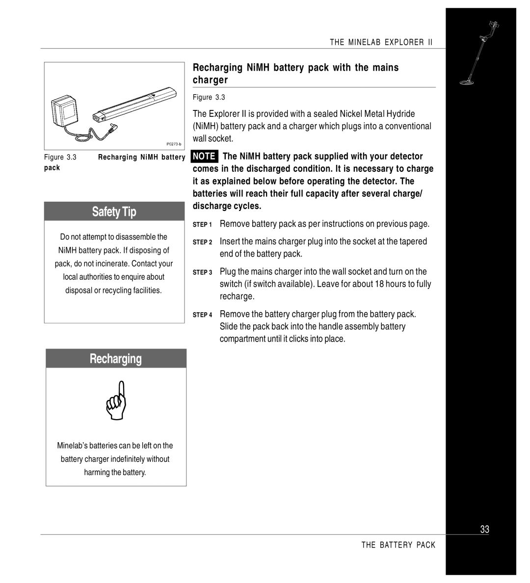 Minelab Mine lab Explorer IITM, P0591-A manual Recharging NiMH battery pack with the mains, Charger, Discharge cycles 