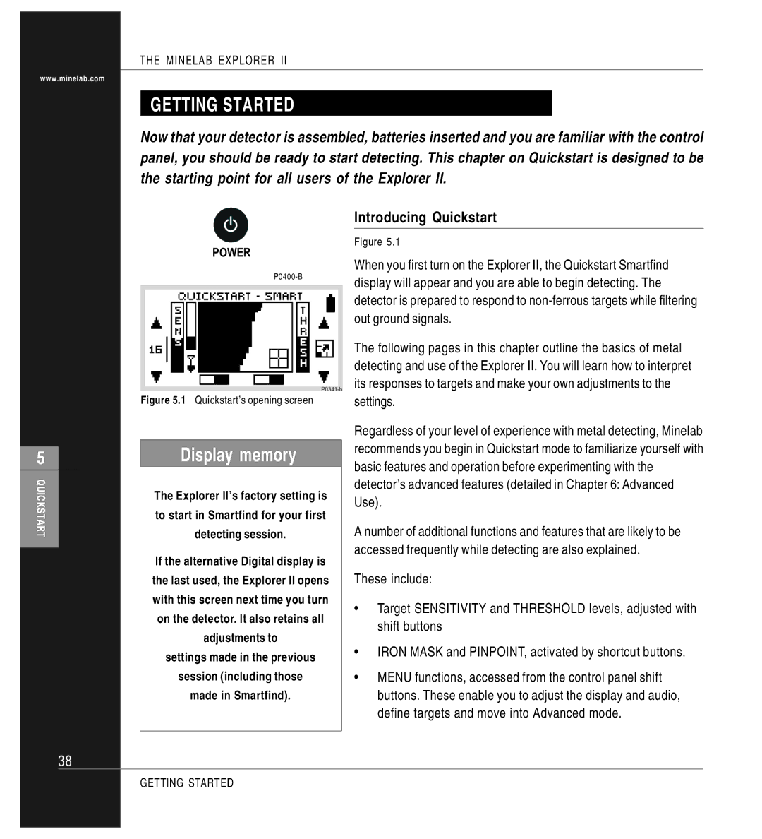 Minelab P0591-A, Mine lab Explorer IITM manual Getting Started, Display memory, Introducing Quickstart 