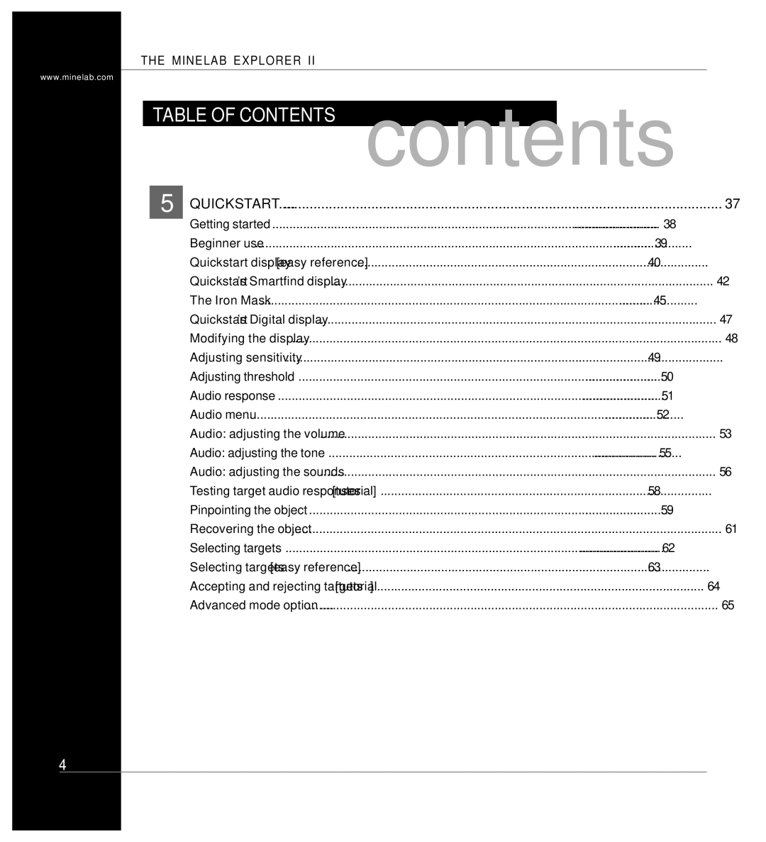 Minelab P0591-A, Mine lab Explorer IITM manual Table of Contents contents 