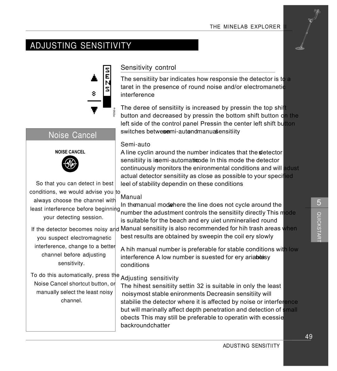 Minelab Mine lab Explorer IITM, P0591-A manual Noise Cancel, Sensitivity control, Semi-auto, Manual, Adjusting sensitivity 