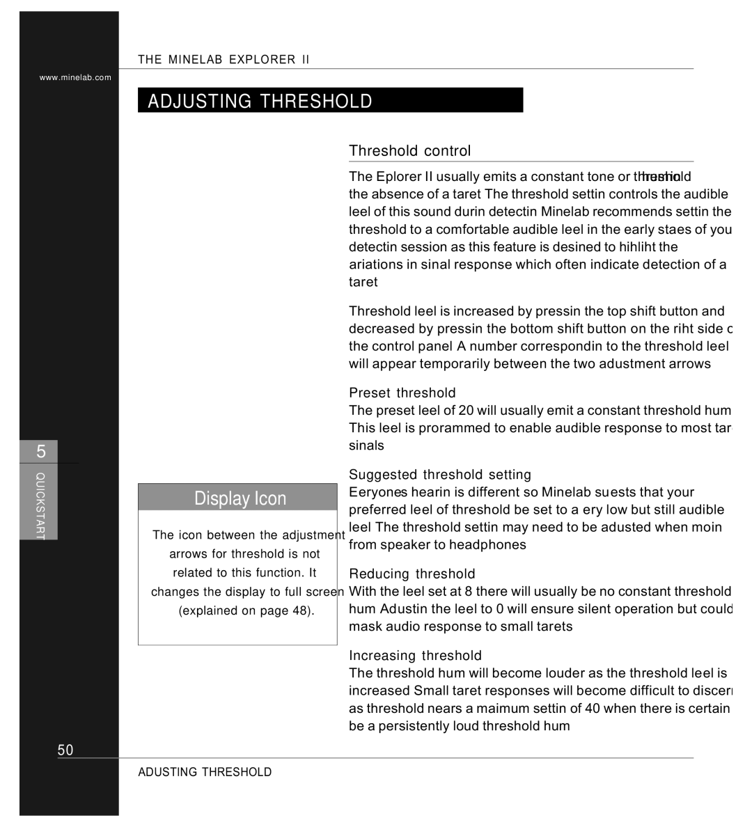 Minelab P0591-A, Mine lab Explorer IITM manual Adjusting Threshold, Display Icon, Threshold control 