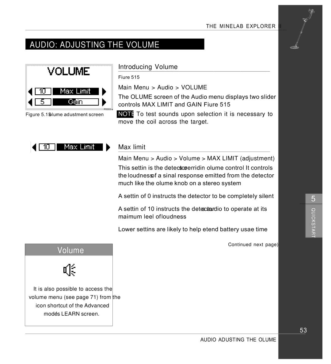 Minelab Mine lab Explorer IITM, P0591-A manual Audio Adjusting the Volume, Introducing Volume, Max limit 