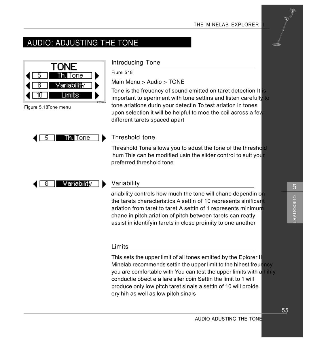 Minelab Mine lab Explorer IITM, P0591-A manual Introducing Tone, Threshold tone, Variability, Limits, Main Menu Audio Tone 