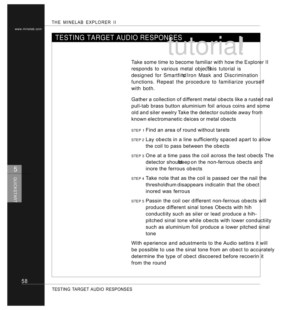 Minelab P0591-A, Mine lab Explorer IITM manual Testing Target Audio Responses tutorial 