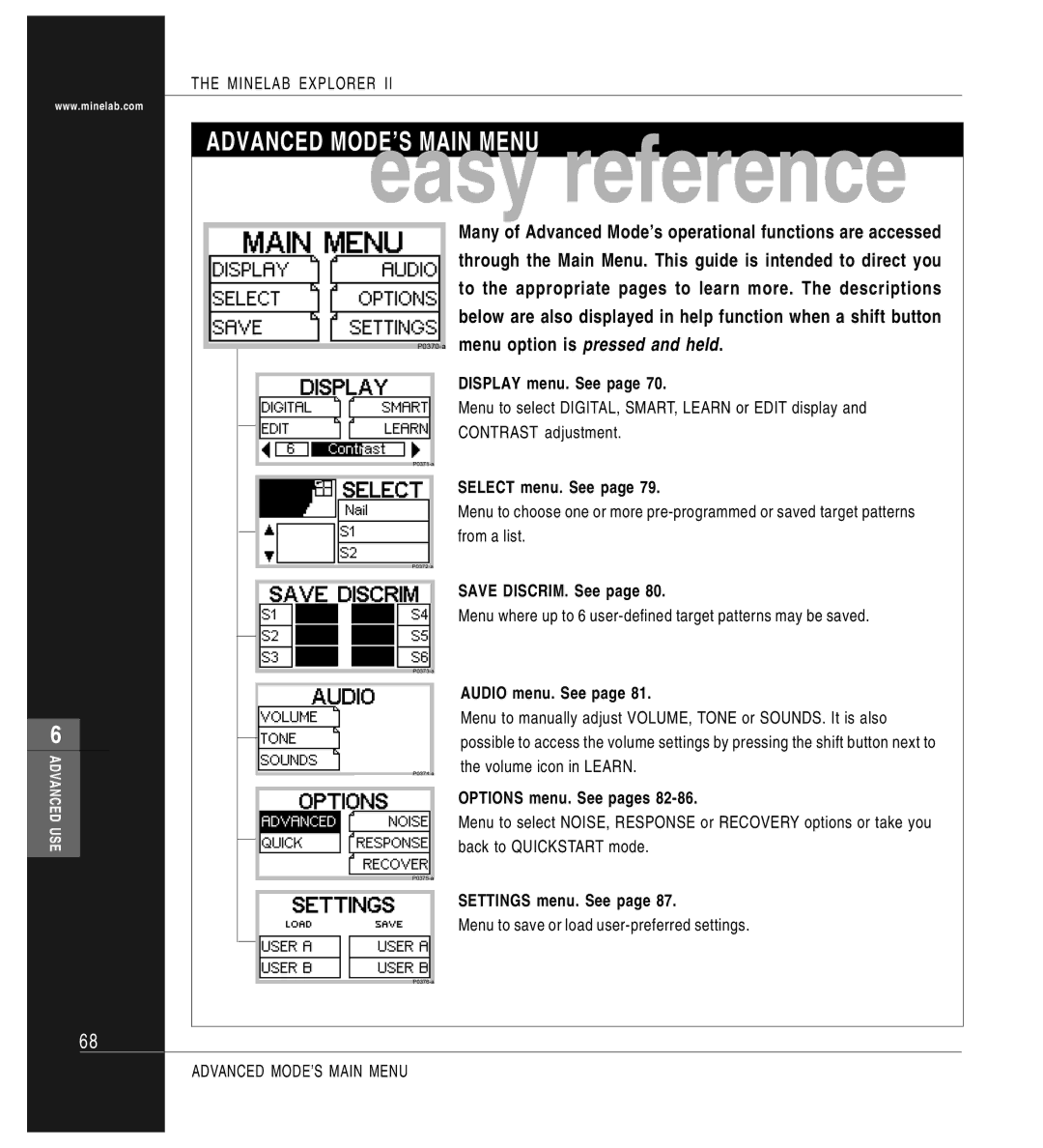 Minelab P0591-A, Mine lab Explorer IITM manual Advanced MODE’S Main Menu, Audio menu. See 