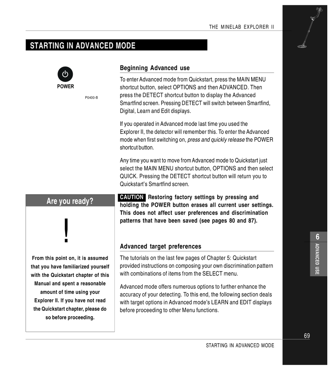 Minelab Mine lab Explorer IITM, P0591-A manual Starting in Advanced Mode, Are you ready?, Beginning Advanced use 