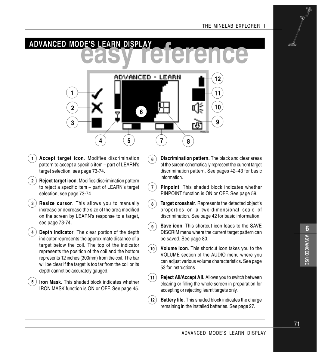 Minelab Mine lab Explorer IITM, P0591-A manual Advanced MODE’S Learn Display 