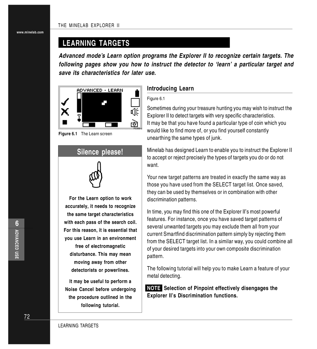 Minelab P0591-A manual Learning Targets, Silence please, Introducing Learn, Explorer II’s Discrimination functions 