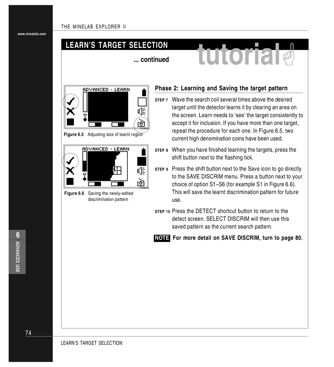 Minelab P0591-A manual Phase 2 Learning and Saving the target pattern, For more detail on Save DISCRIM, turn to 