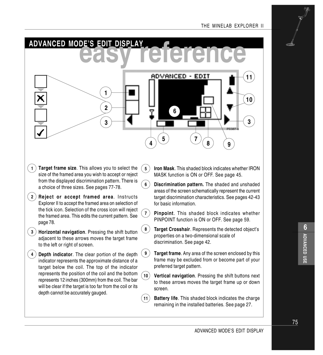 Minelab Mine lab Explorer IITM, P0591-A manual Advanced MODE’S Edit Display 