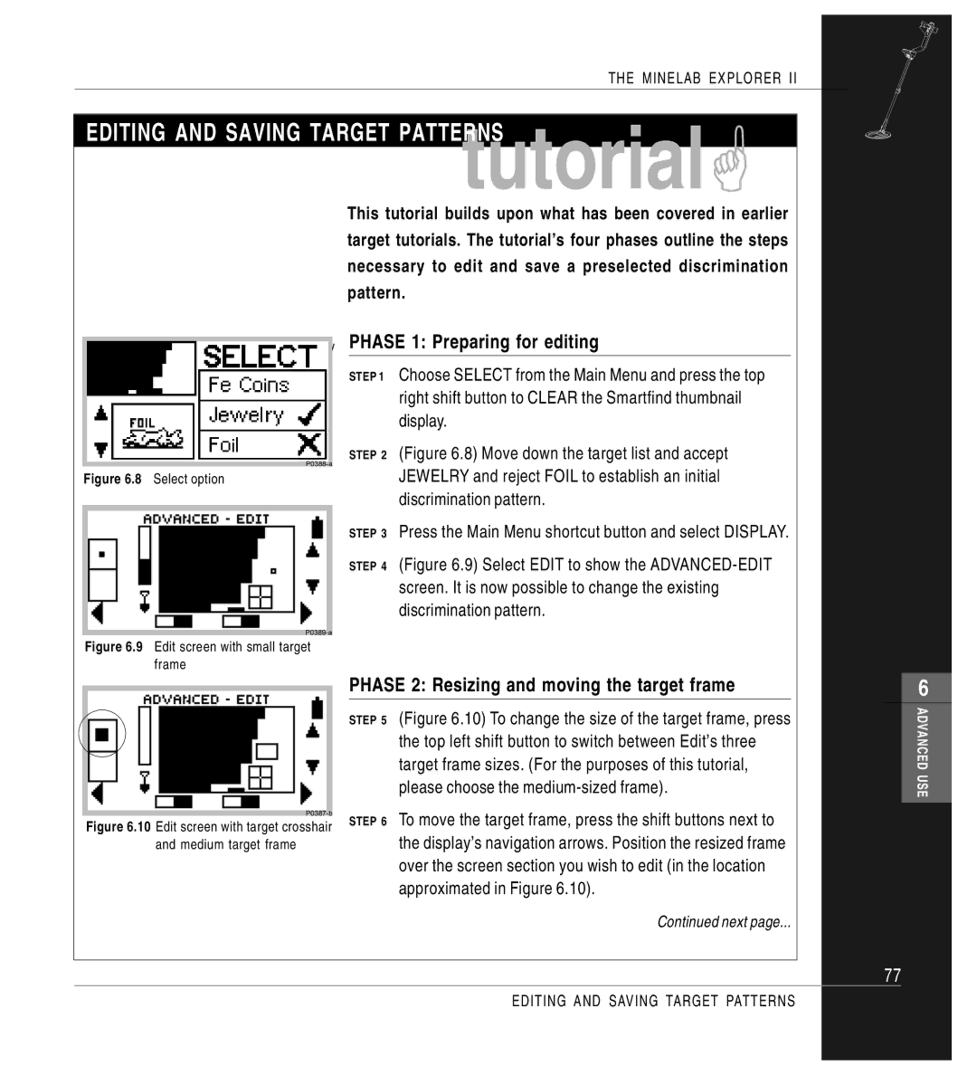 Minelab Mine lab Explorer IITM, P0591-A manual Editing and Saving Target Patterns, Phase 1 Preparing for editing 