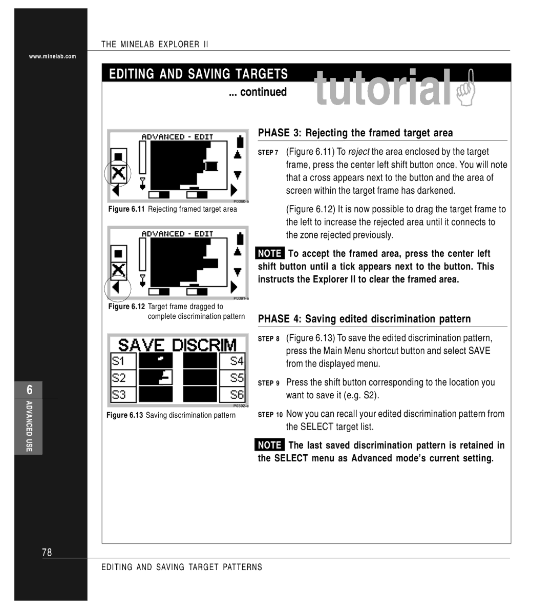 Minelab P0591-A manual Phase 3 Rejecting the framed target area, Phase 4 Saving edited discrimination pattern 