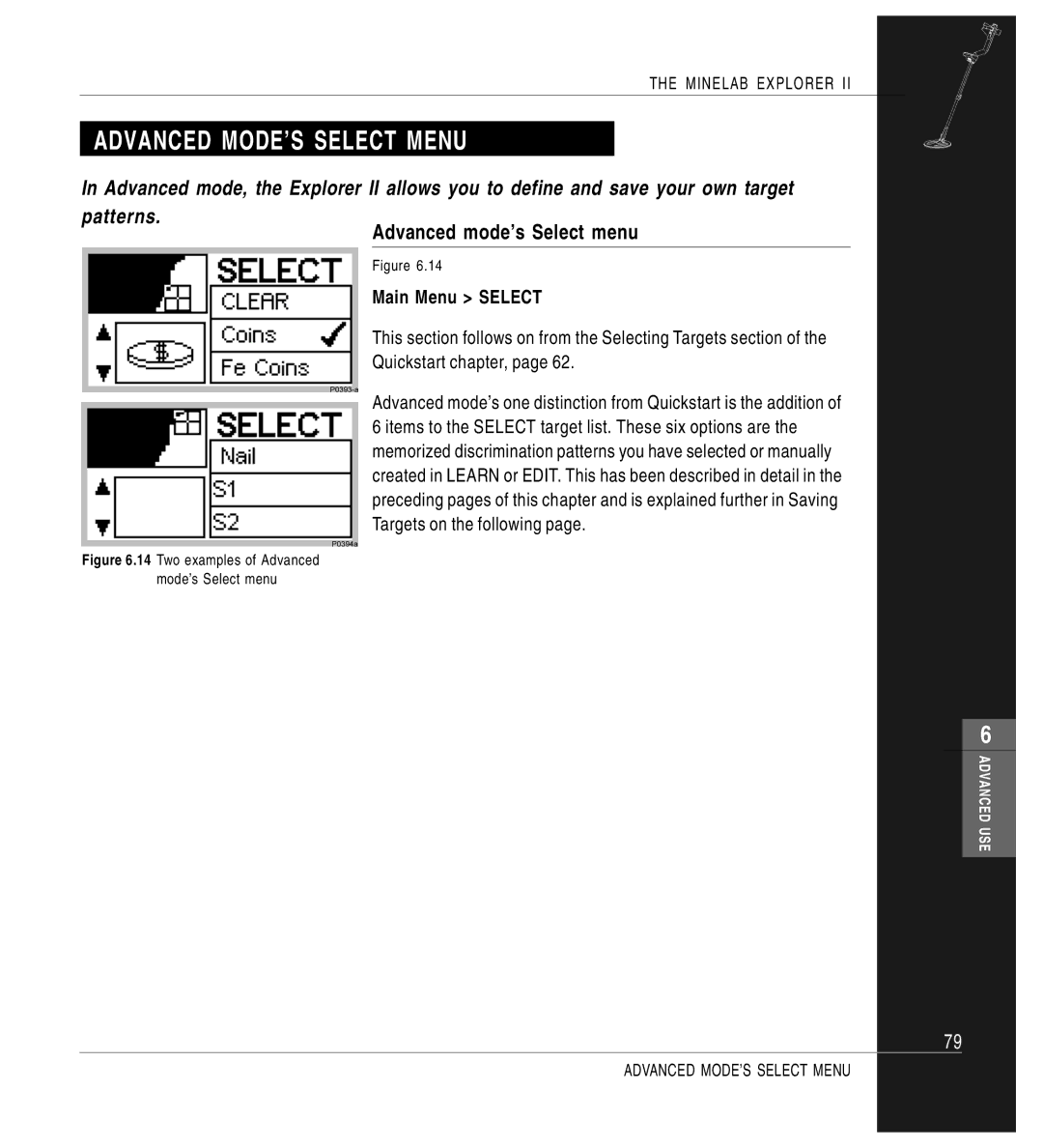 Minelab Mine lab Explorer IITM, P0591-A manual Advanced MODE’S Select Menu, Advanced mode’s Select menu, Main Menu Select 