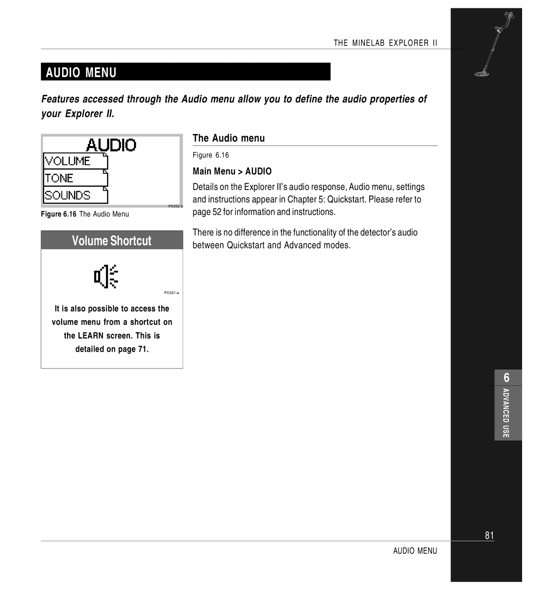 Minelab Mine lab Explorer IITM, P0591-A manual Volume Shortcut, Audio menu 