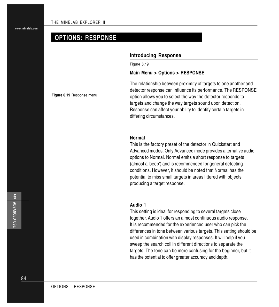 Minelab P0591-A, Mine lab Explorer IITM manual Introducing Response, Main Menu Options Response, Normal, Audio 