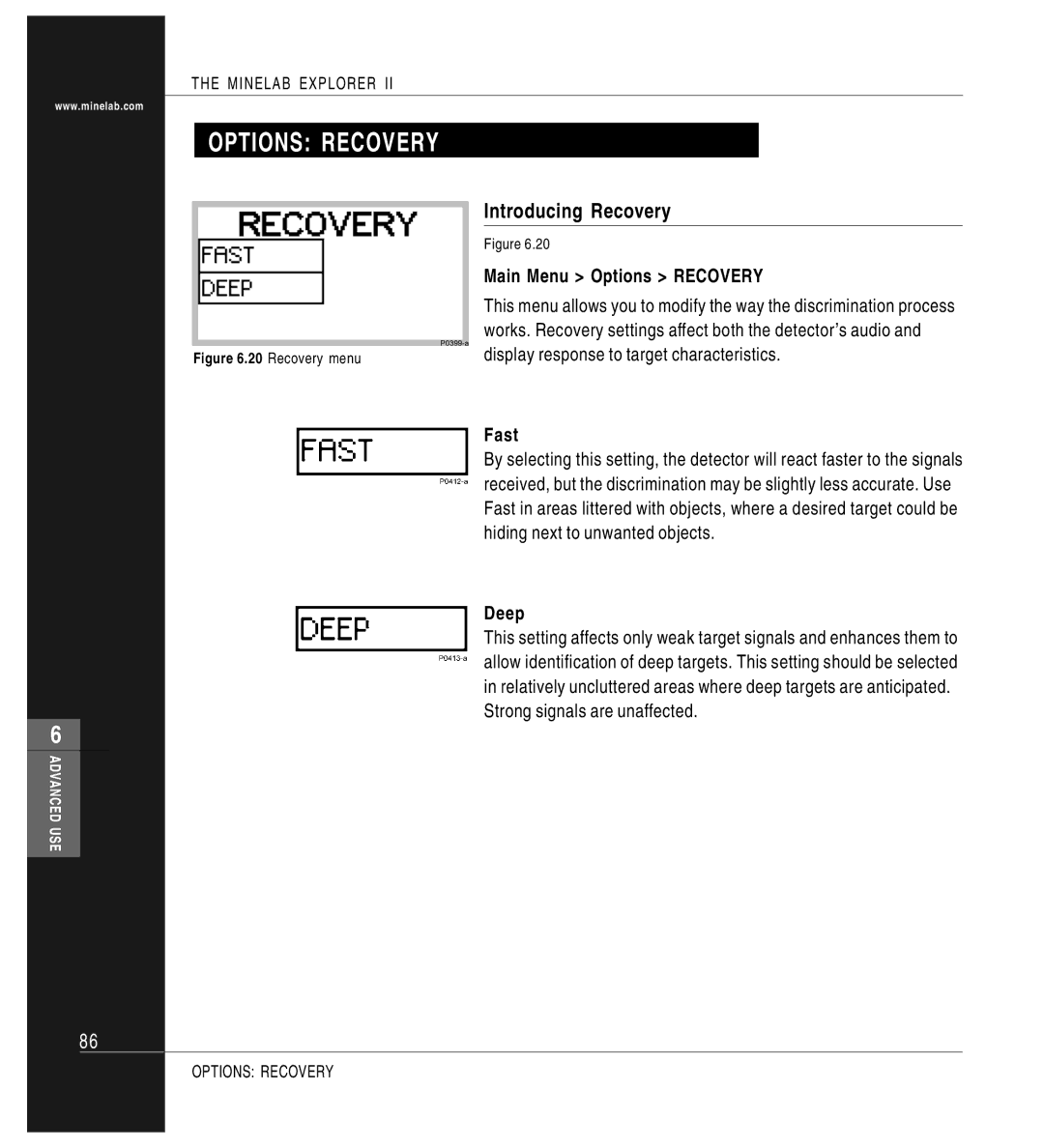 Minelab P0591-A, Mine lab Explorer IITM manual Introducing Recovery, Main Menu Options Recovery, Fast, Deep 