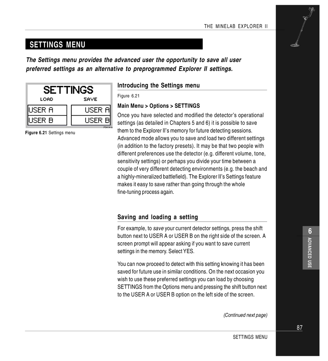 Minelab Mine lab Explorer IITM, P0591-A manual Settings Menu, Introducing the Settings menu, Saving and loading a setting 