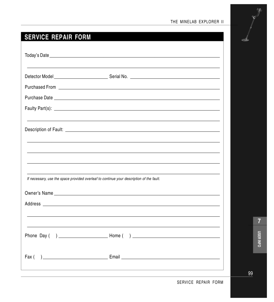 Minelab Mine lab Explorer IITM, P0591-A manual Service Repair Form, Purchased From, Description of Fault, Phone, Fax 