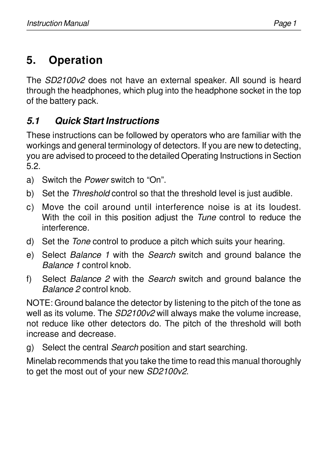 Minelab SD2100v2 instruction manual Operation, Quick Start Instructions 