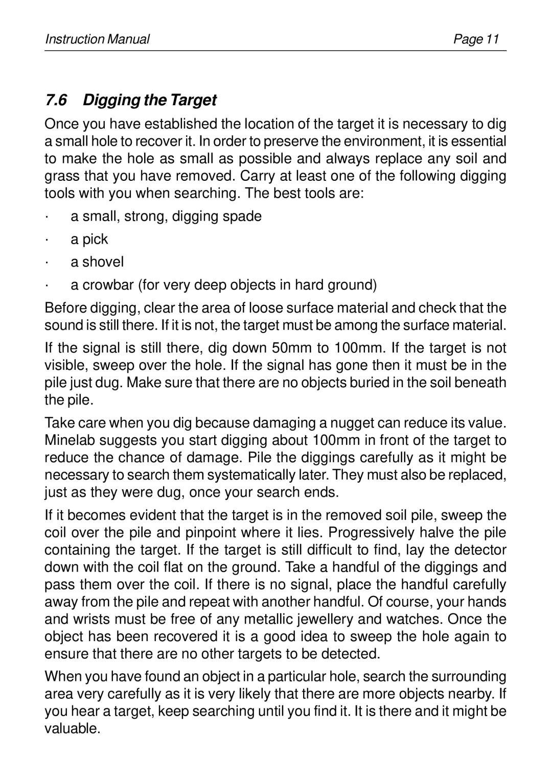 Minelab SD2100v2 instruction manual Digging the Target 