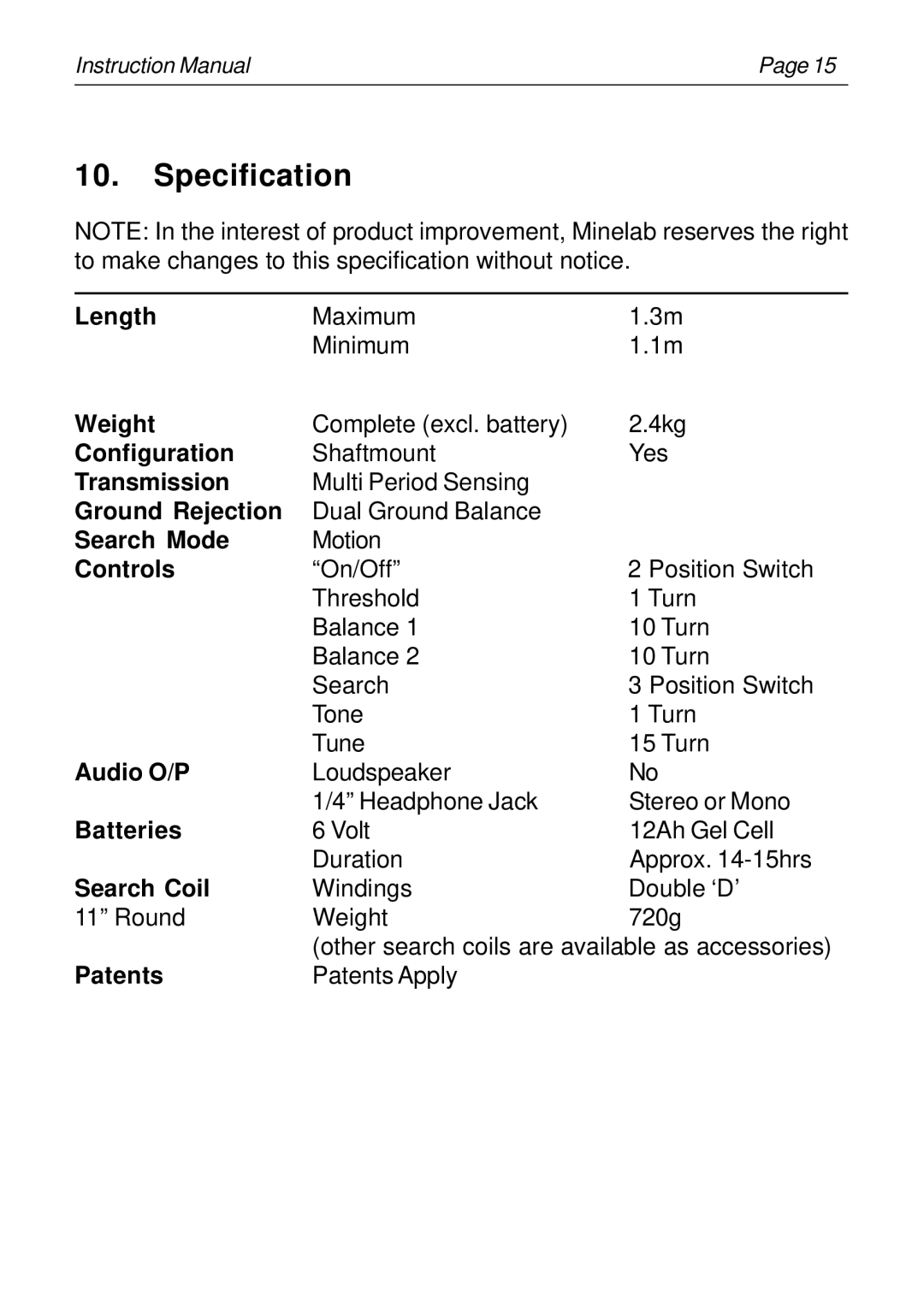 Minelab SD2100v2 instruction manual Specification 