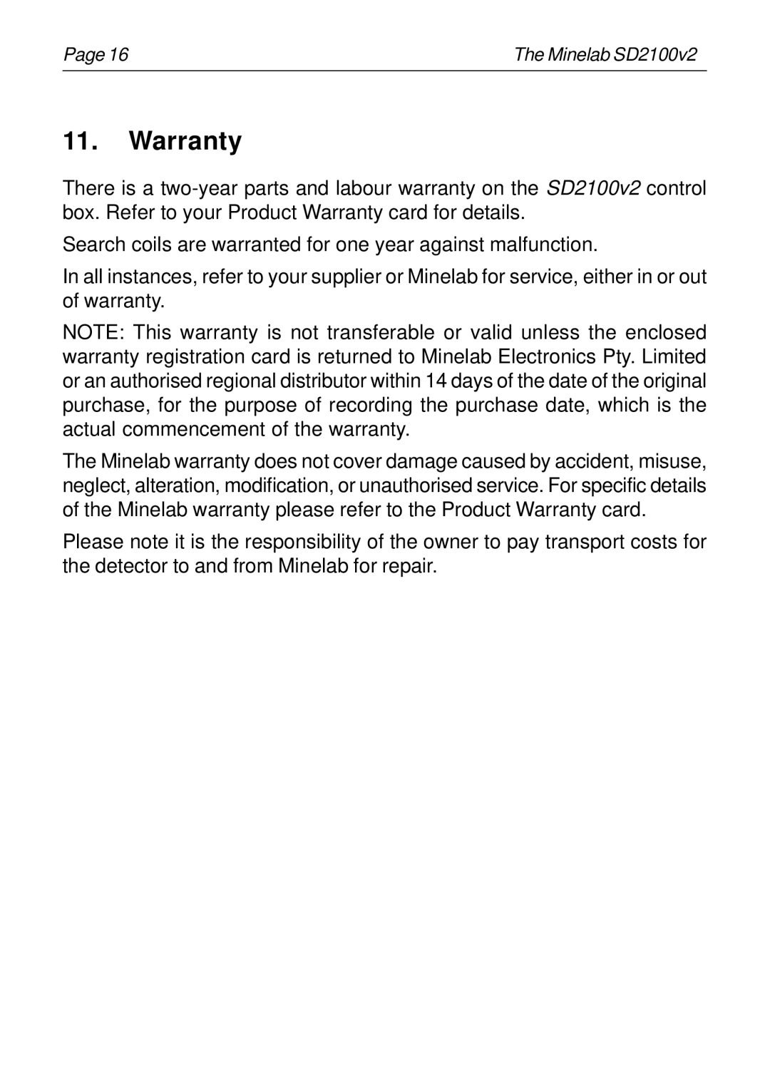 Minelab SD2100v2 instruction manual Warranty 