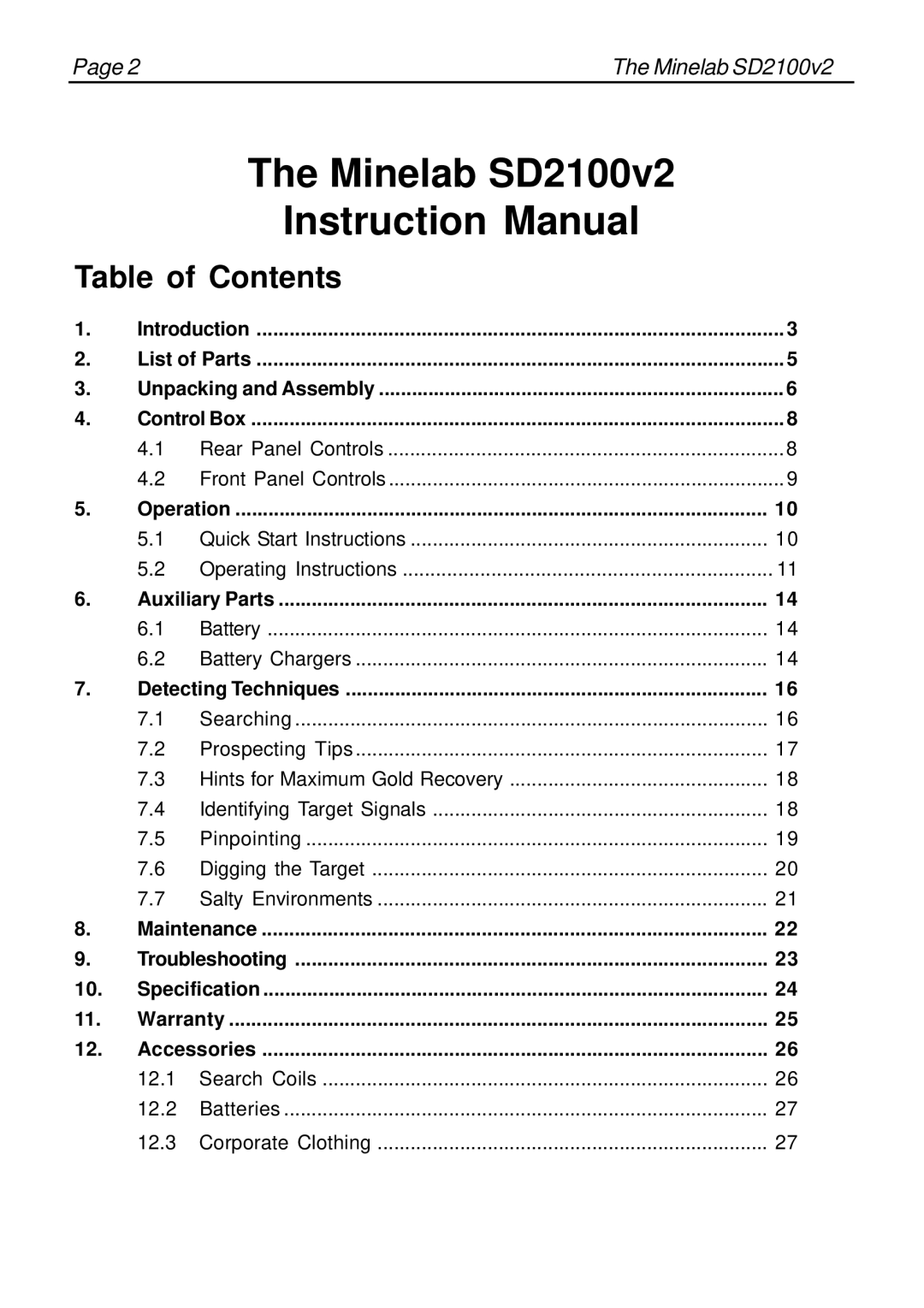 Minelab instruction manual Minelab SD2100v2, Table of Contents 