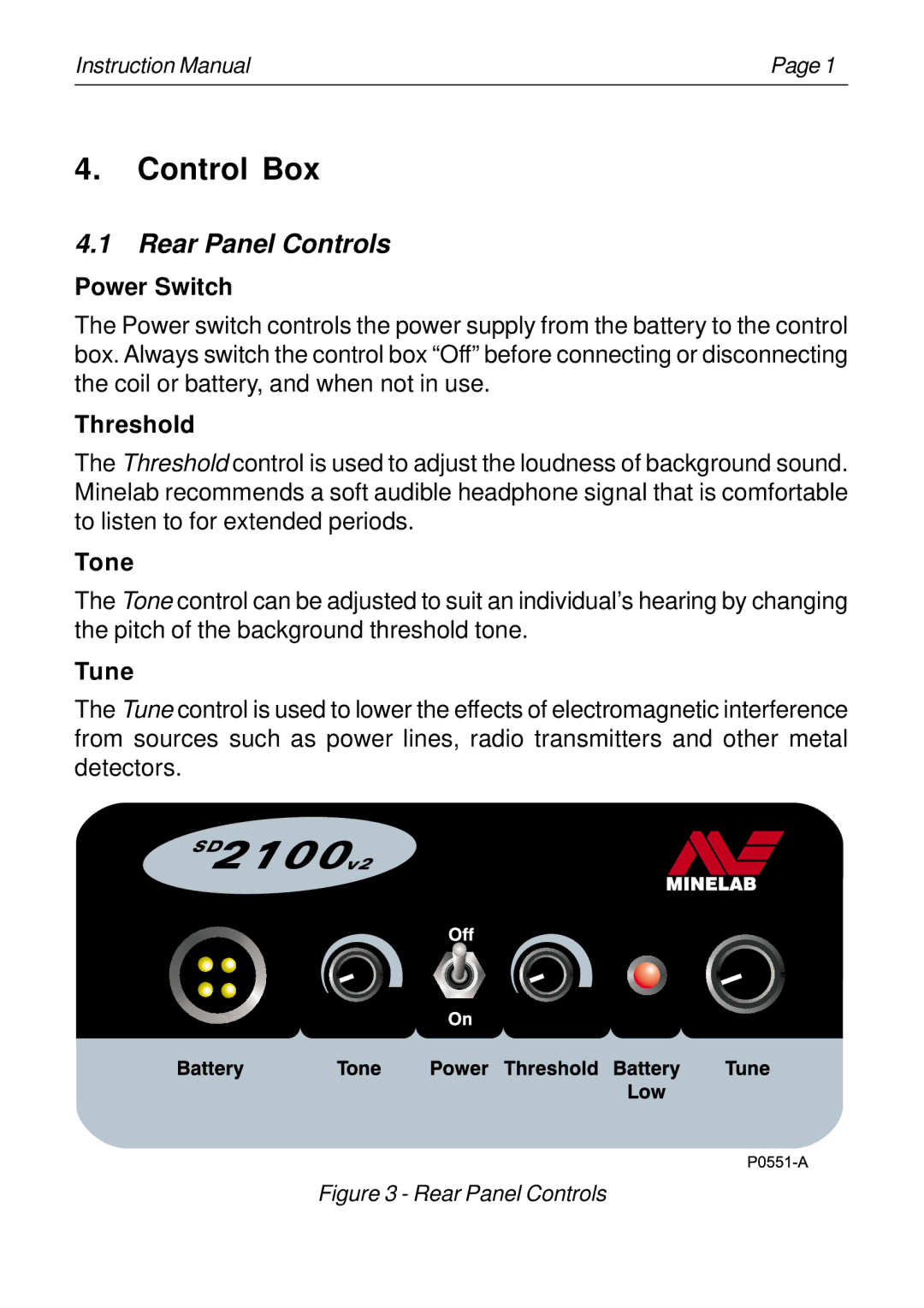 Minelab SD2100v2 instruction manual Control Box, Rear Panel Controls 