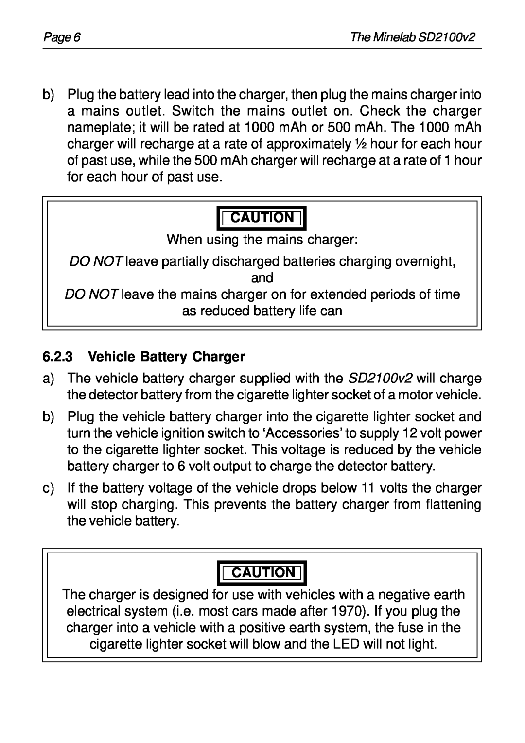 Minelab SD2100v2 instruction manual Vehicle Battery Charger 