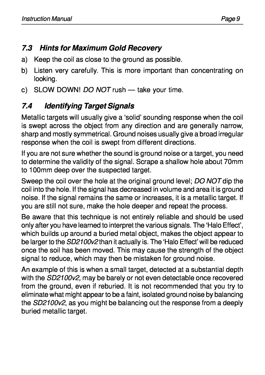 Minelab SD2100v2 instruction manual Hints for Maximum Gold Recovery, Identifying Target Signals 
