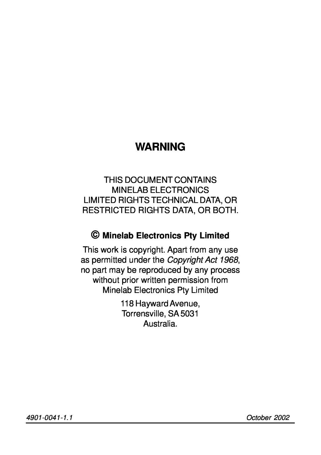 Minelab SD2100v2 Minelab Electronics Pty Limited, This Document Contains Minelab Electronics, 4901-0041-1.1, October 