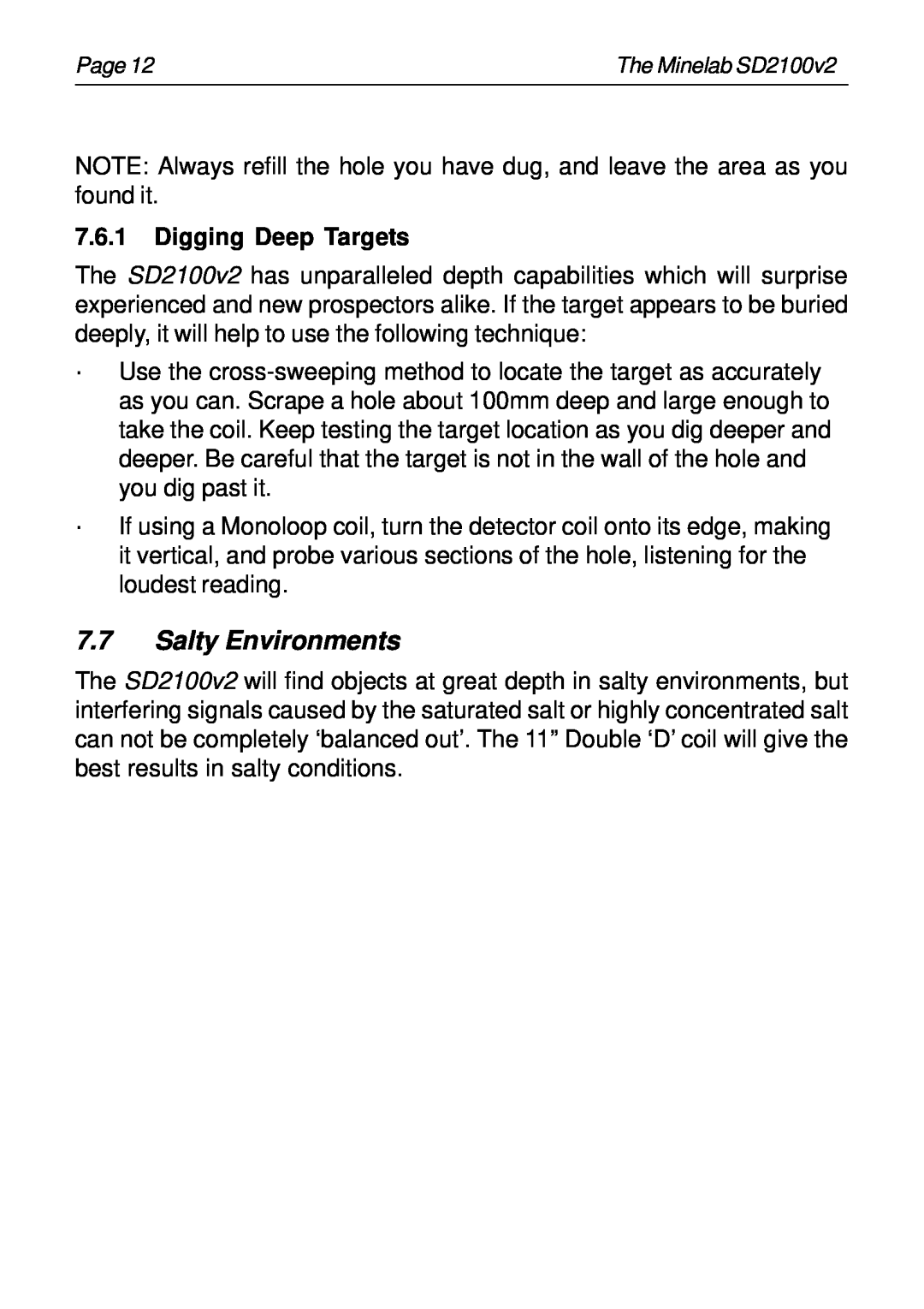 Minelab SD2100v2 instruction manual Salty Environments, Digging Deep Targets 