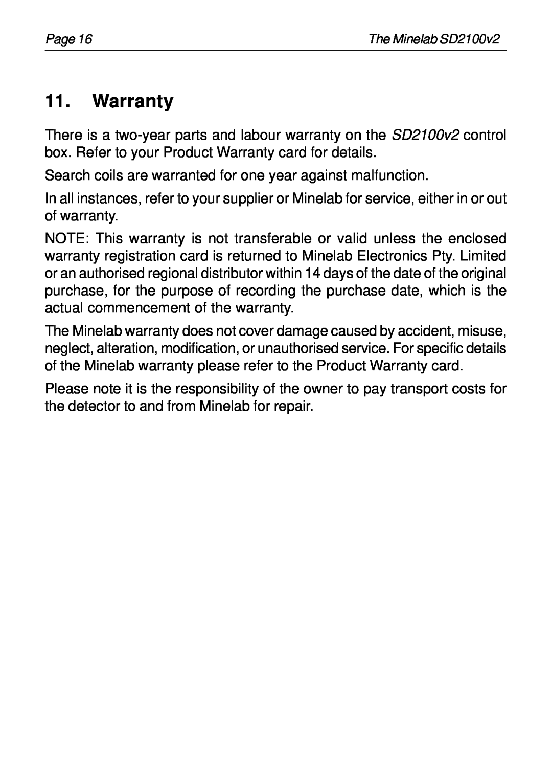 Minelab SD2100v2 instruction manual Warranty 