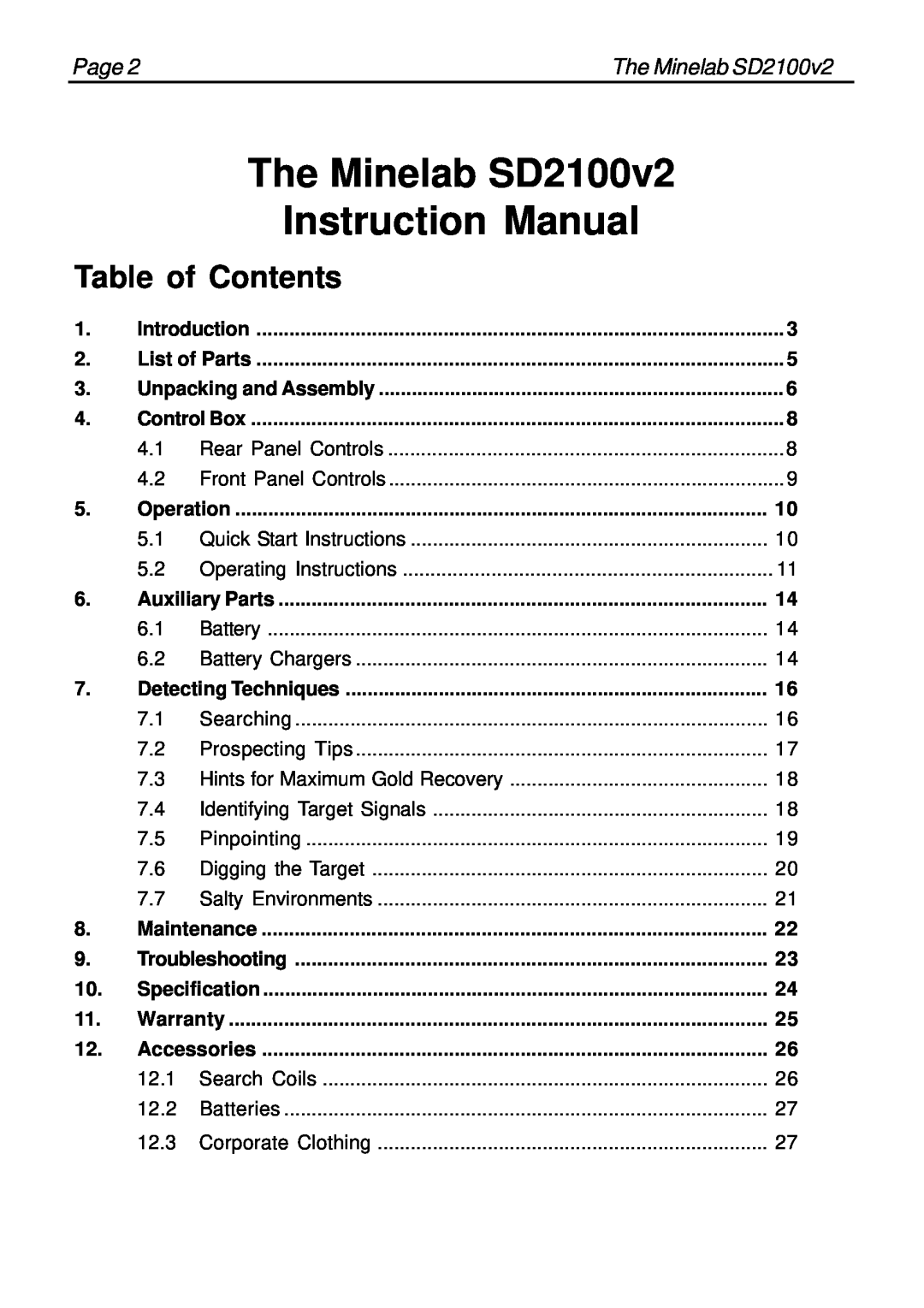 Minelab instruction manual Table of Contents, The Minelab SD2100v2 Instruction Manual, Page 