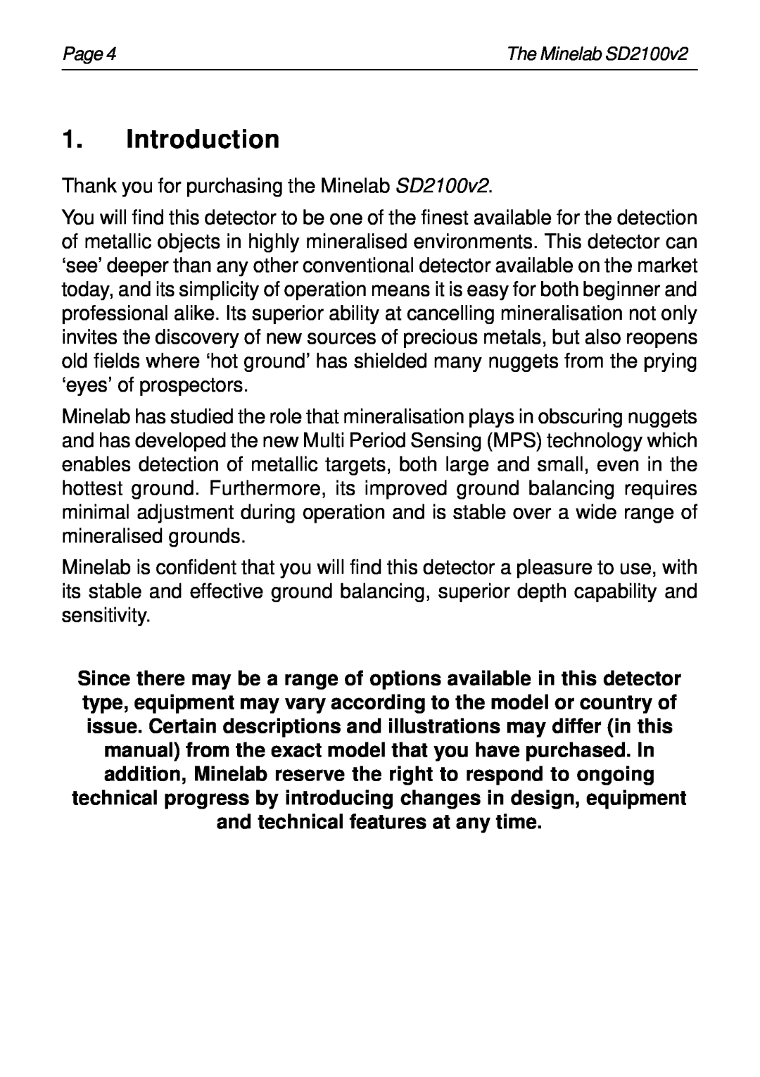 Minelab SD2100v2 instruction manual Introduction 
