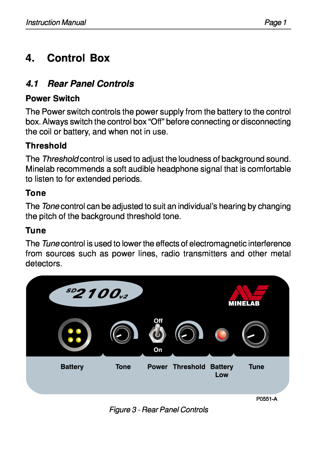 Minelab SD2100v2 instruction manual Control Box, Rear Panel Controls, Power Switch, Threshold, Tone, Tune 