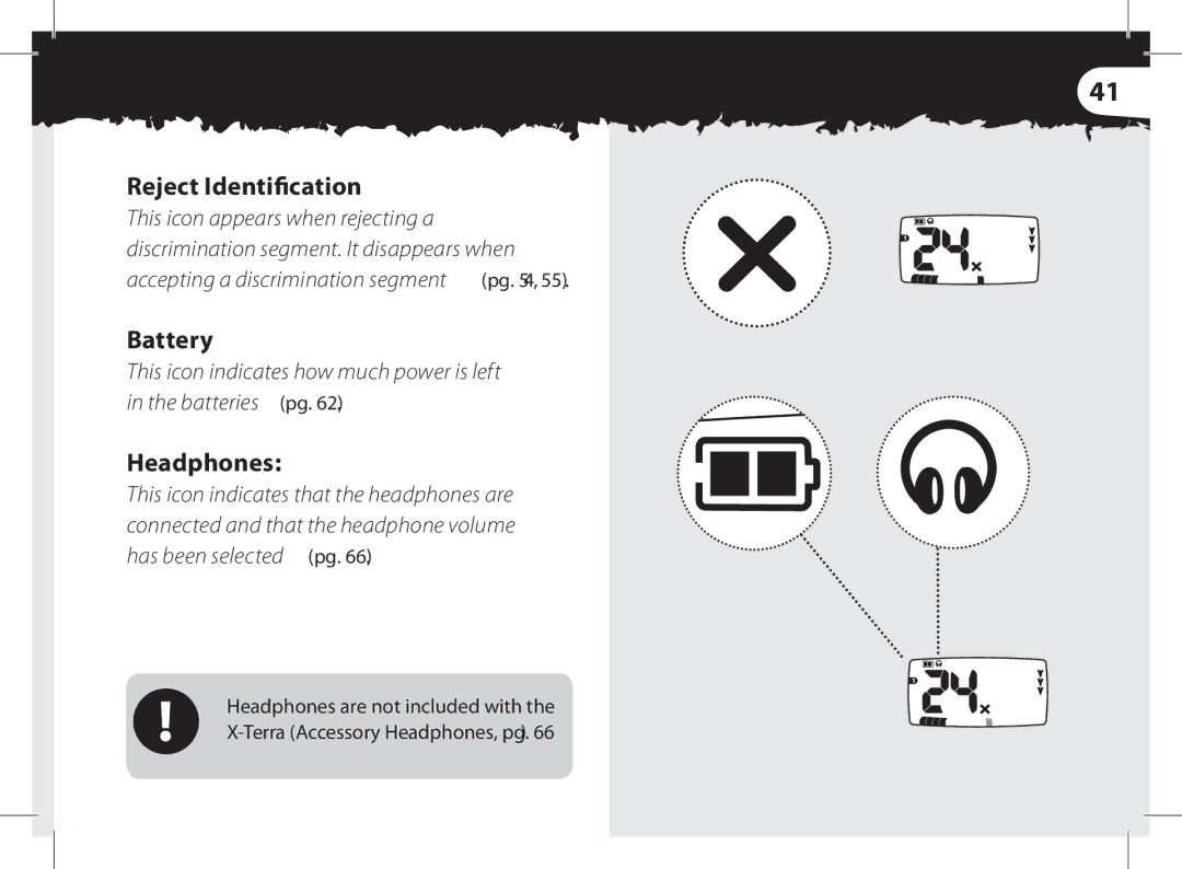 Minelab x-terra manual Reject Identiﬁcation, Battery, Headphones 