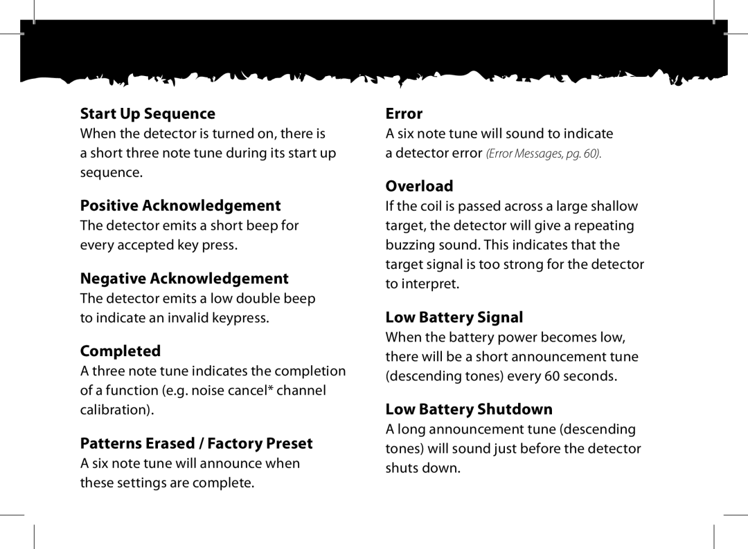 Minelab x-terra manual Start Up Sequence, Positive Acknowledgement, Negative Acknowledgement, Completed, Error, Overload 