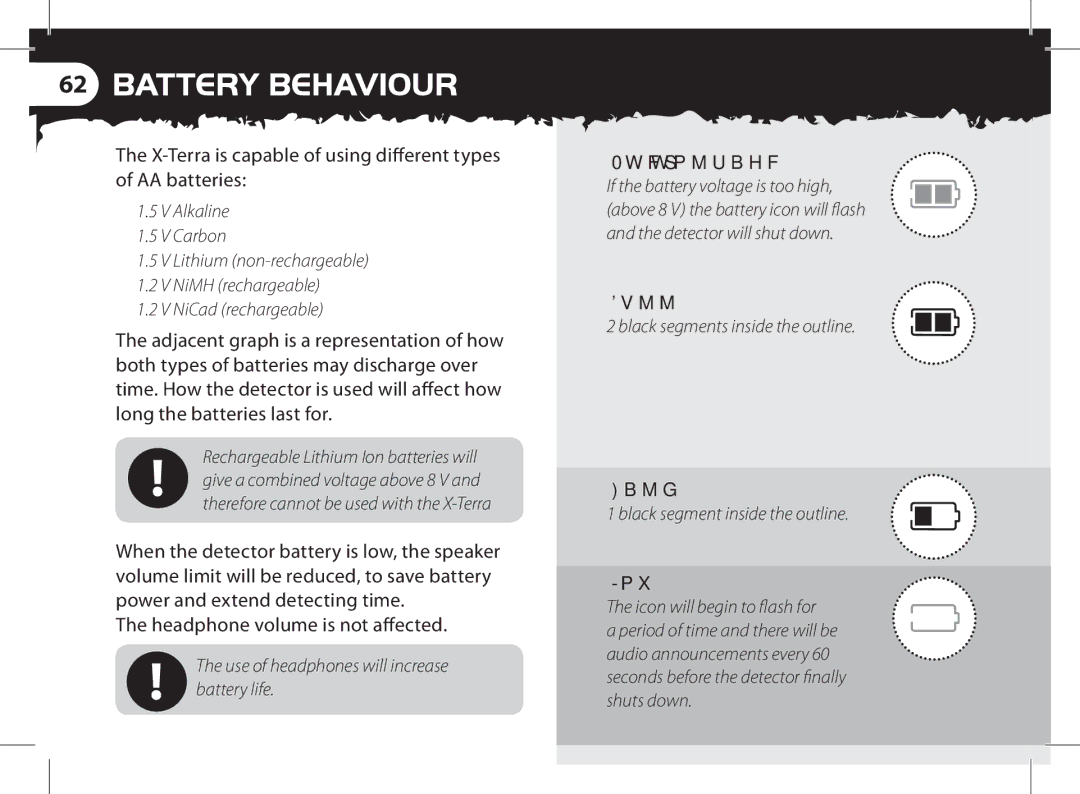 Minelab x-terra manual Use of headphones will increase battery life, Black segments inside the outline 