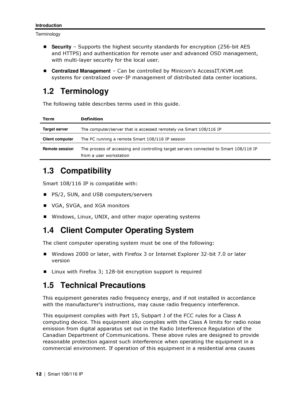 Minicom Advanced Systems 108 IP manual Terminology, Compatibility, Client Computer Operating System, Technical Precautions 