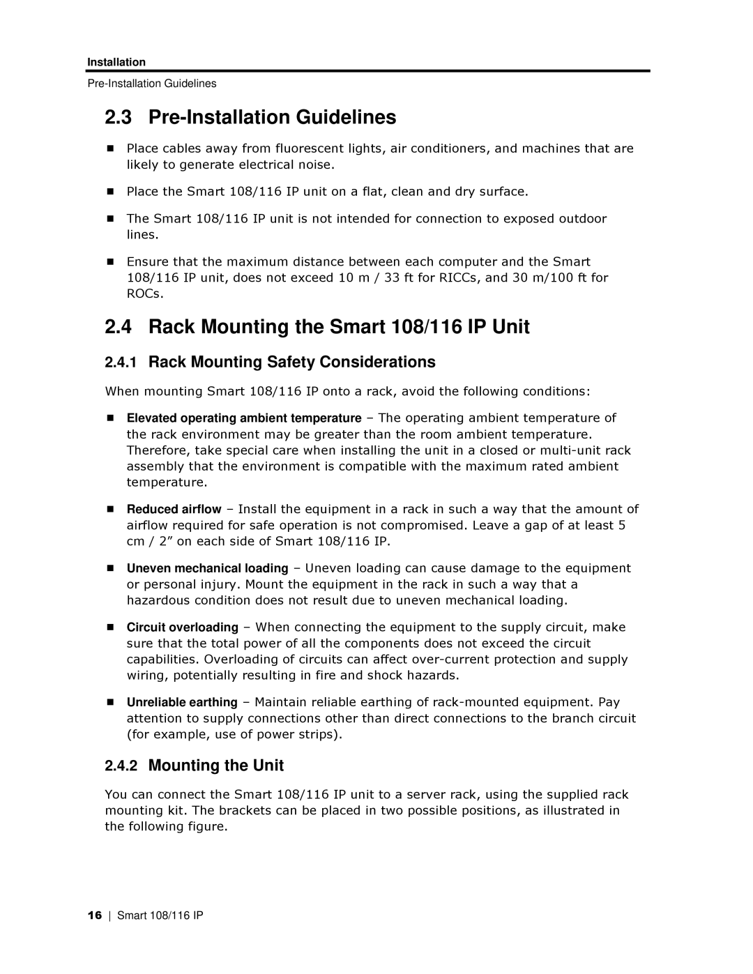 Minicom Advanced Systems 108 IP Pre-Installation Guidelines, Rack Mounting the Smart 108/116 IP Unit, Mounting the Unit 