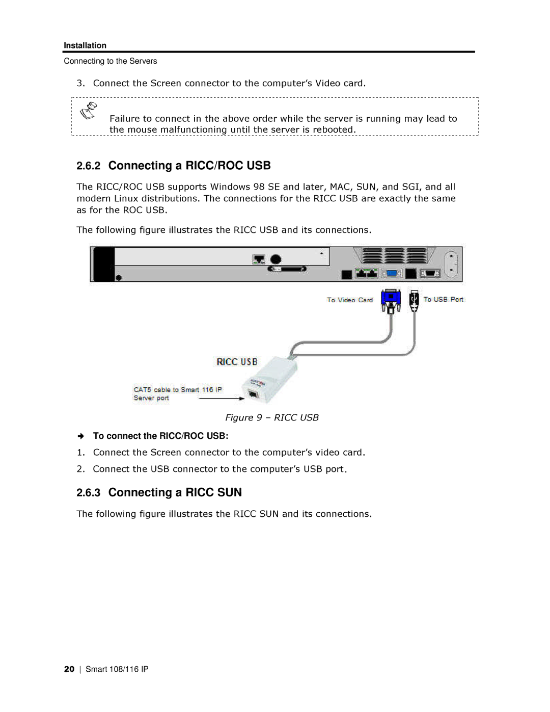 Minicom Advanced Systems 108 IP, 108/116 IP Connecting a RICC/ROC USB, Connecting a Ricc SUN, To connect the RICC/ROC USB 