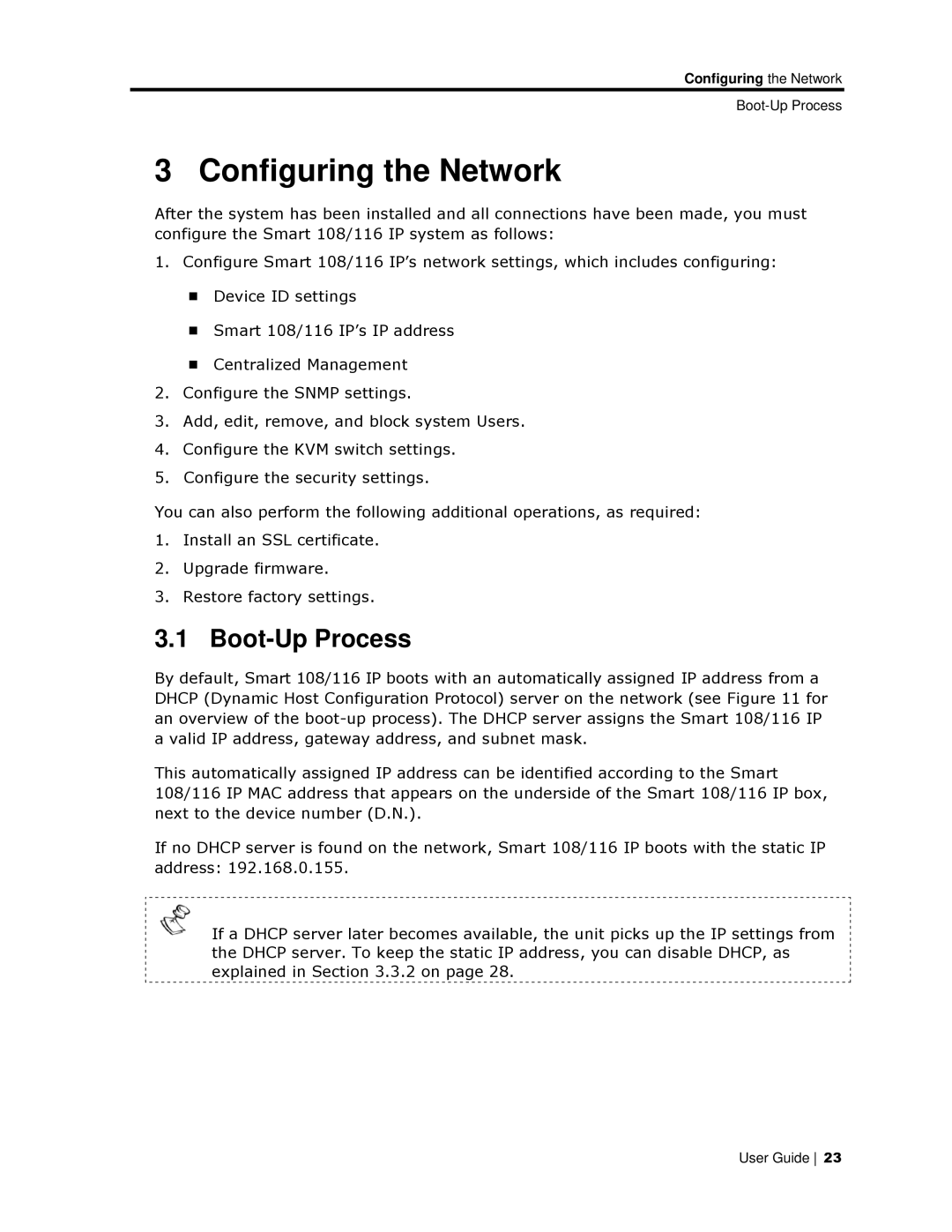 Minicom Advanced Systems 108/116 IP, 108 IP manual Configuring the Network, Boot-Up Process 