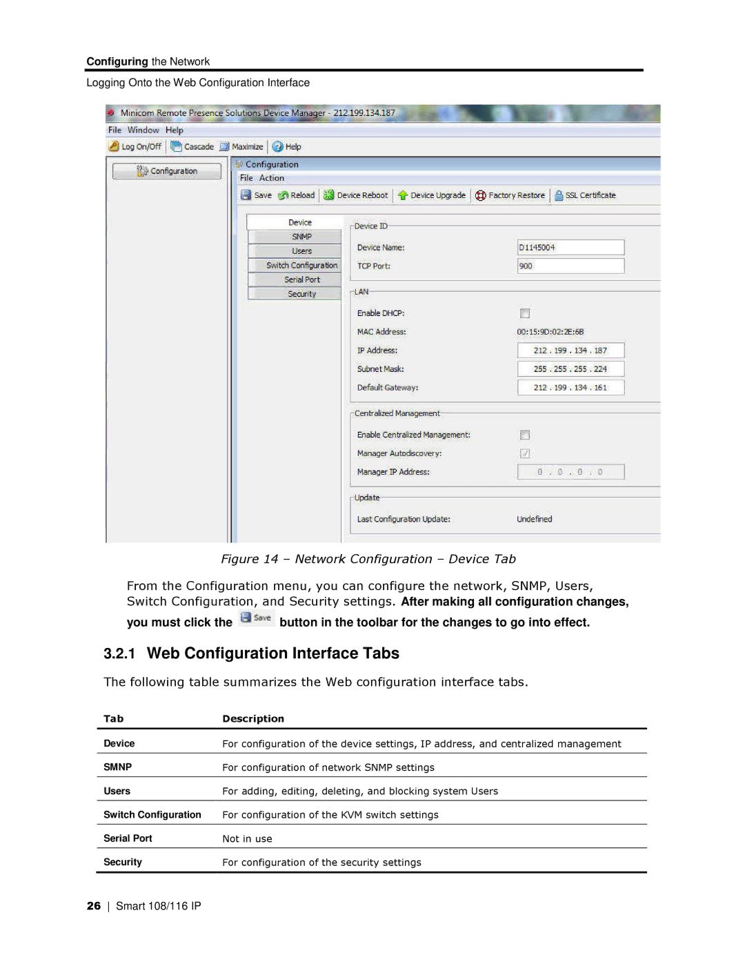 Minicom Advanced Systems 108 IP, 108/116 IP manual Web Configuration Interface Tabs 