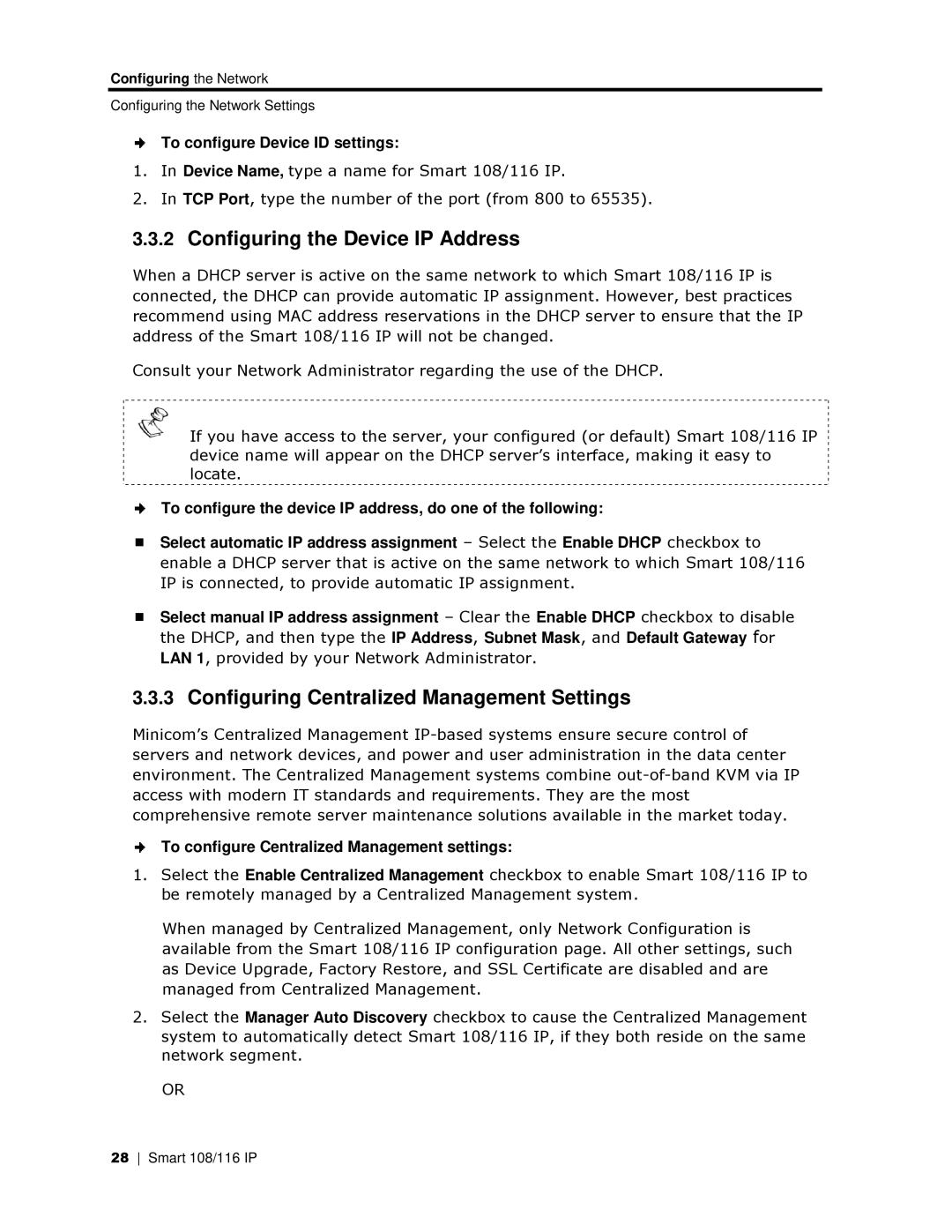 Minicom Advanced Systems 108 IP manual Configuring the D evice IP Address, Configuring Centrralized Management Settings 