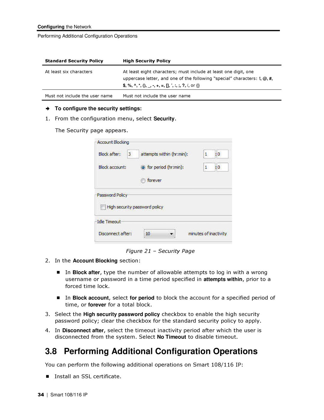 Minicom Advanced Systems 108 IP manual Performing Addditional Configuration Operations, To configure the security settings 