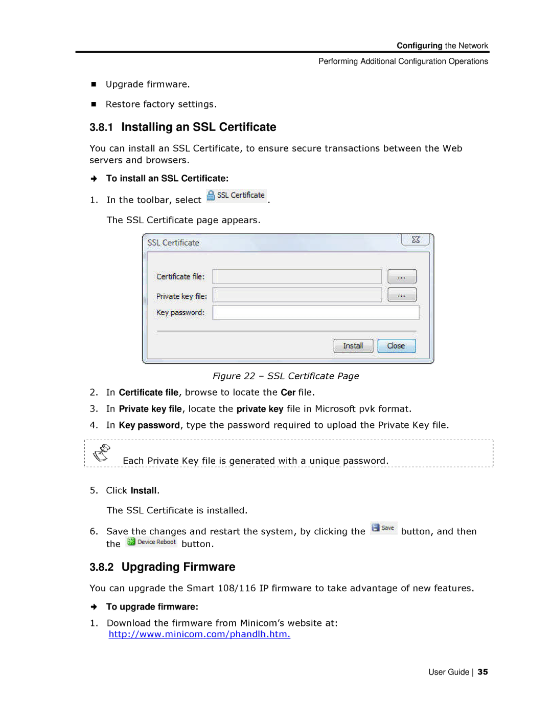 Minicom Advanced Systems 108/116 IP Installing an Sssl Certificate, Upgrading Firmmware, To install an SSL Certifiicate 