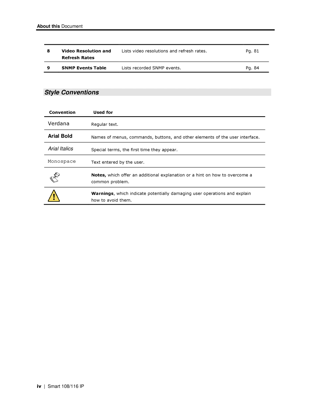 Minicom Advanced Systems 108 IP manual Style Conventions, Arial Bold, Video Resolution, Refresh Rates Snmp Events Table 