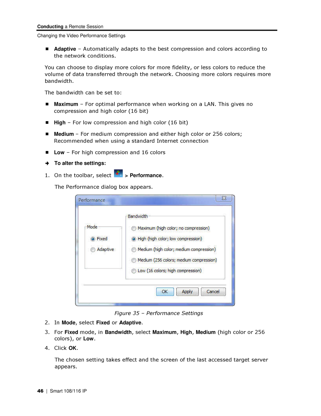 Minicom Advanced Systems 108 IP, 108/116 IP manual To alter the settings, Mode, select Fixed or Adaptive 